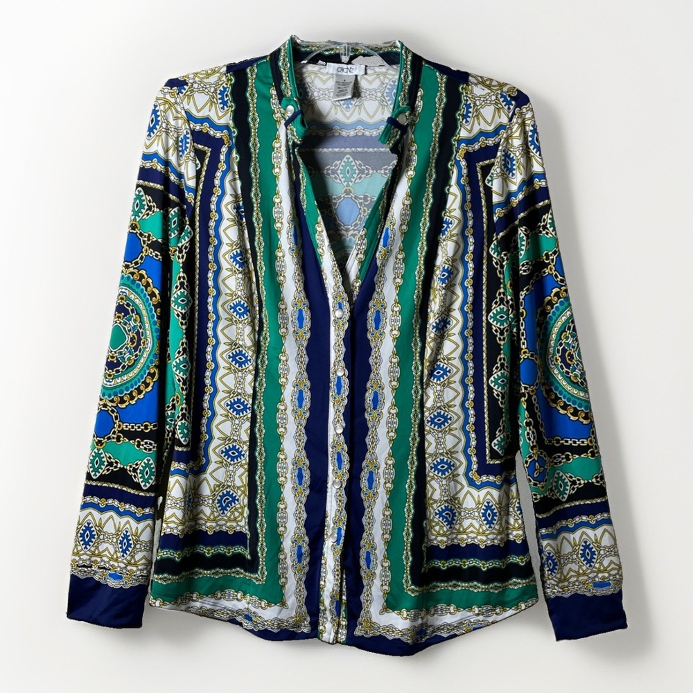 Cache Pearl Snap Long Sleeve Baroque Blouse Women's Size Medium Classic Business